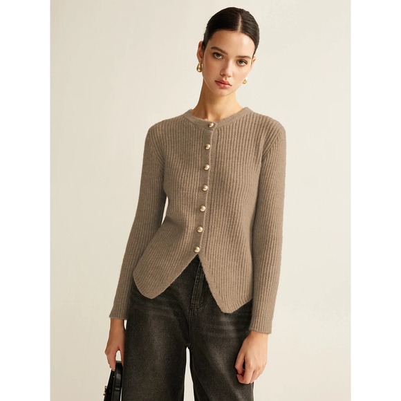 Commense Sweaters - Commense Ribbed Knit Cardigan Gold Button Down Neutral Minimalist Sweater Size S